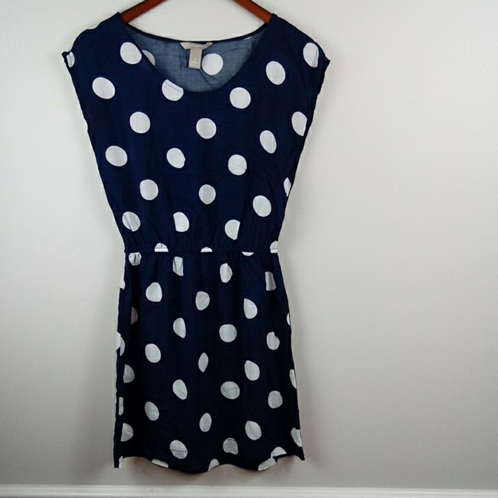 Lightweight navy blue & white polka dot mini dress